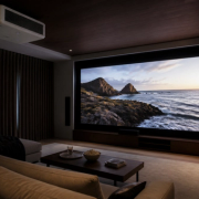 Home projector installed in a refined private cinema room