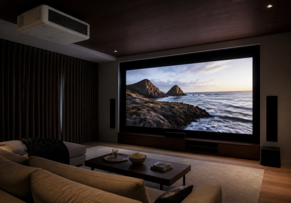 Home projector installed in a refined private cinema room