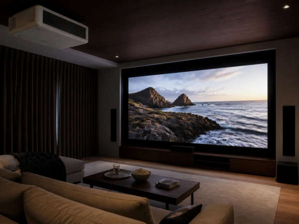 Home projector installed in a refined private cinema room