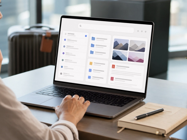 An executive organising a mixed digital archive of chats projects images and documents through a unified search interface on a laptop