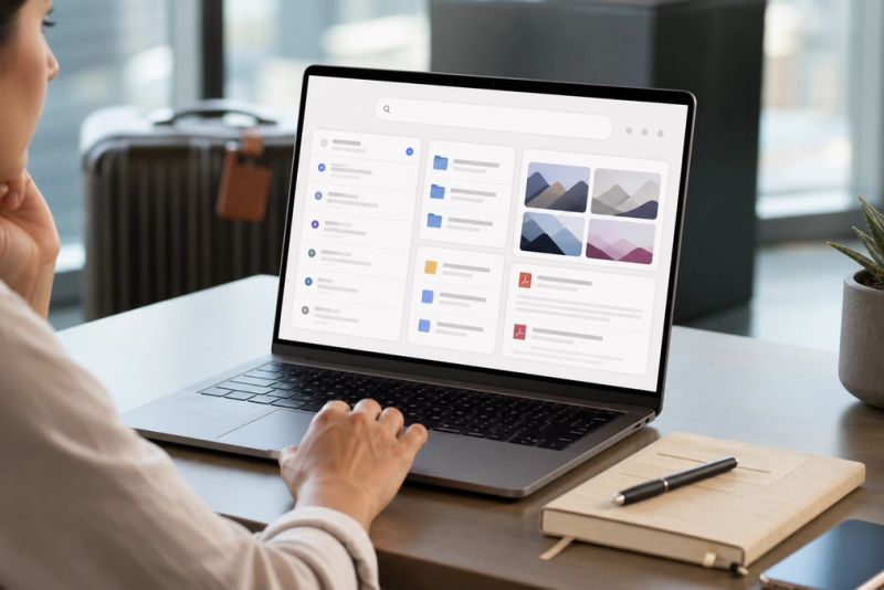 An executive organising a mixed digital archive of chats projects images and documents through a unified search interface on a laptop