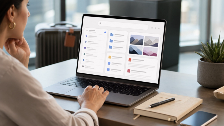 An executive organising a mixed digital archive of chats projects images and documents through a unified search interface on a laptop