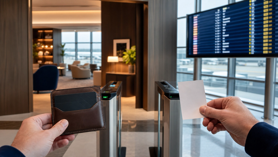 A membership card and single-use pass presented at two airport lounge access gates