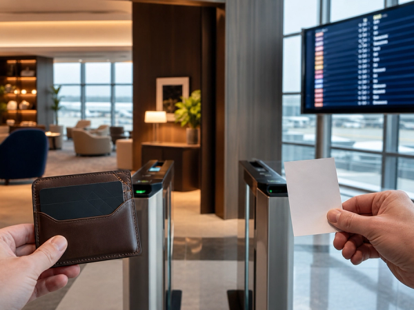 A membership card and single-use pass presented at two airport lounge access gates