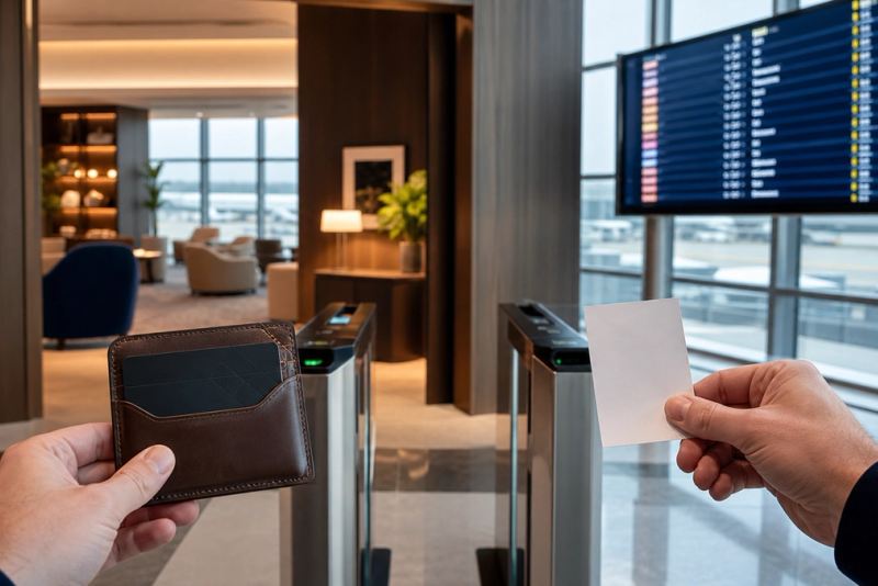 A membership card and single-use pass presented at two airport lounge access gates