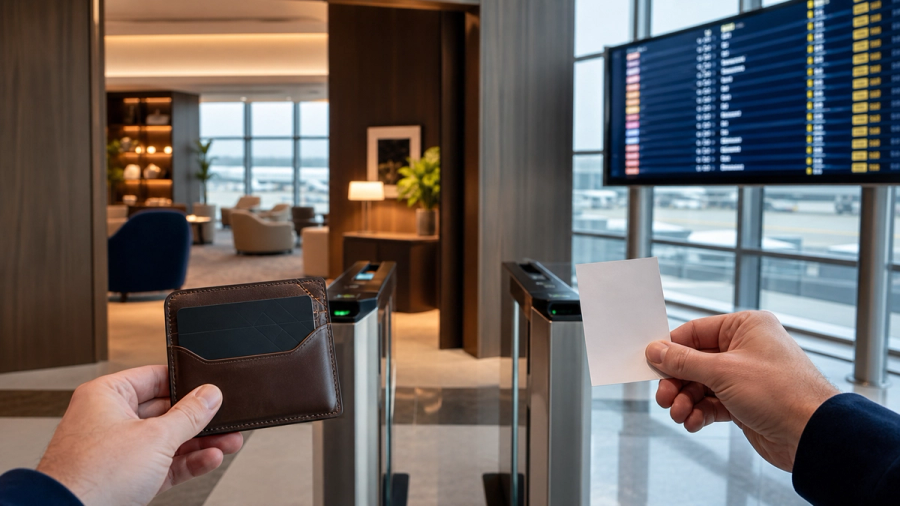 A membership card and single-use pass presented at two airport lounge access gates