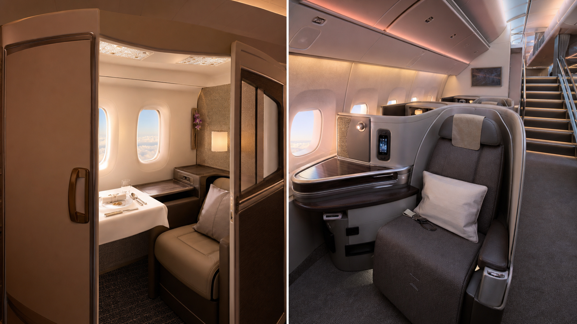 Private First Class suite and Business Class pod compared on a long-haul aircraft