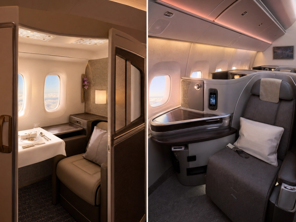 Private First Class suite and Business Class pod compared on a long-haul aircraft