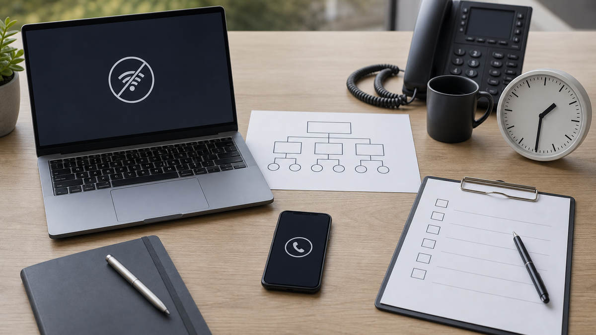 A business continuity desk with a disconnected laptop, phone fallback, call tree, analogue clock and blank checklist