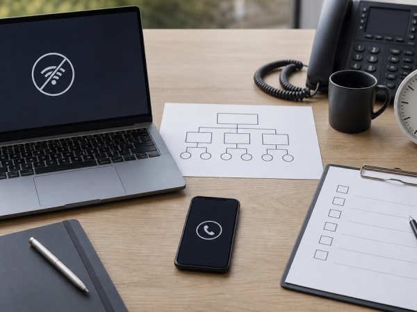 A business continuity desk with a disconnected laptop, phone fallback, call tree, analogue clock and blank checklist