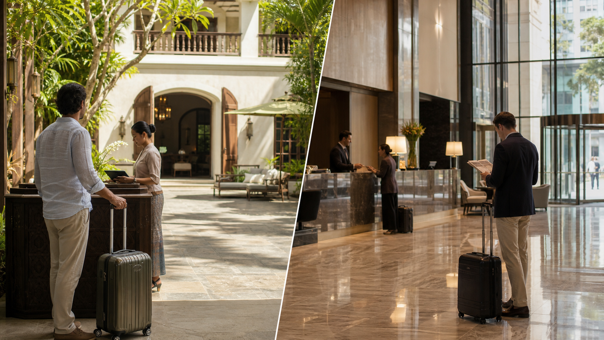 Intimate resort and grand urban hotel arrivals compared for a luxury stay