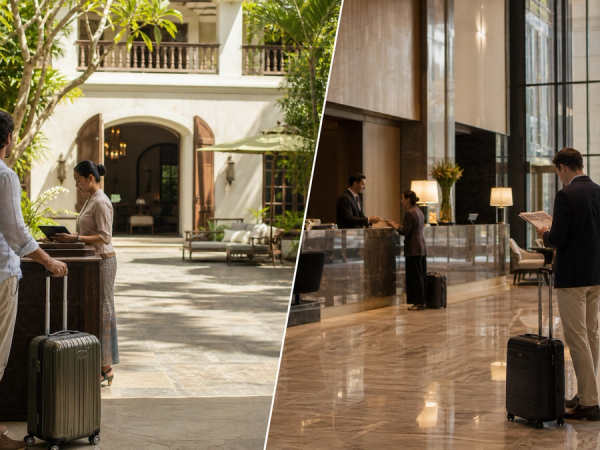 Intimate resort and grand urban hotel arrivals compared for a luxury stay