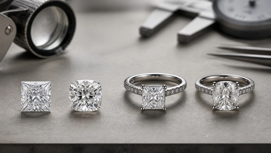 Princess Cut vs Cushion Cut Diamond shown as a practical side-by-side comparison