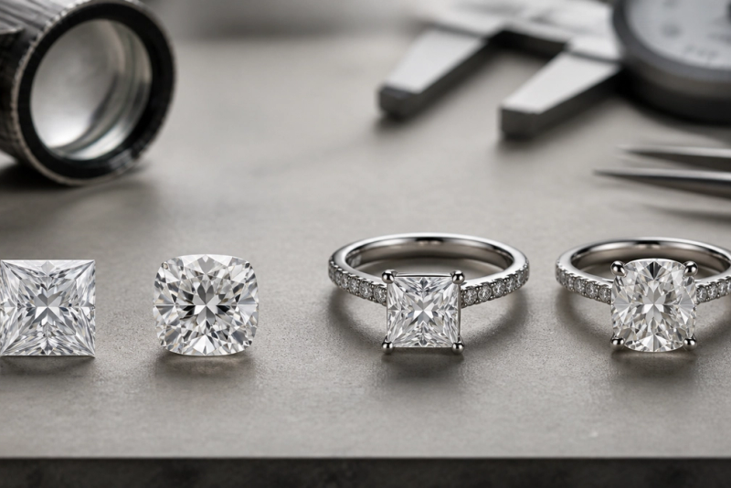 Princess Cut vs Cushion Cut Diamond shown as a practical side-by-side comparison