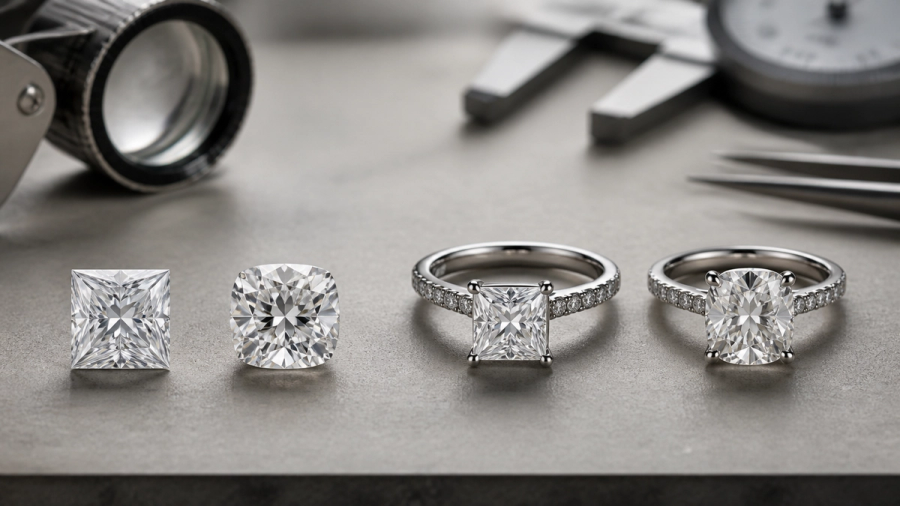 Princess Cut vs Cushion Cut Diamond shown as a practical side-by-side comparison