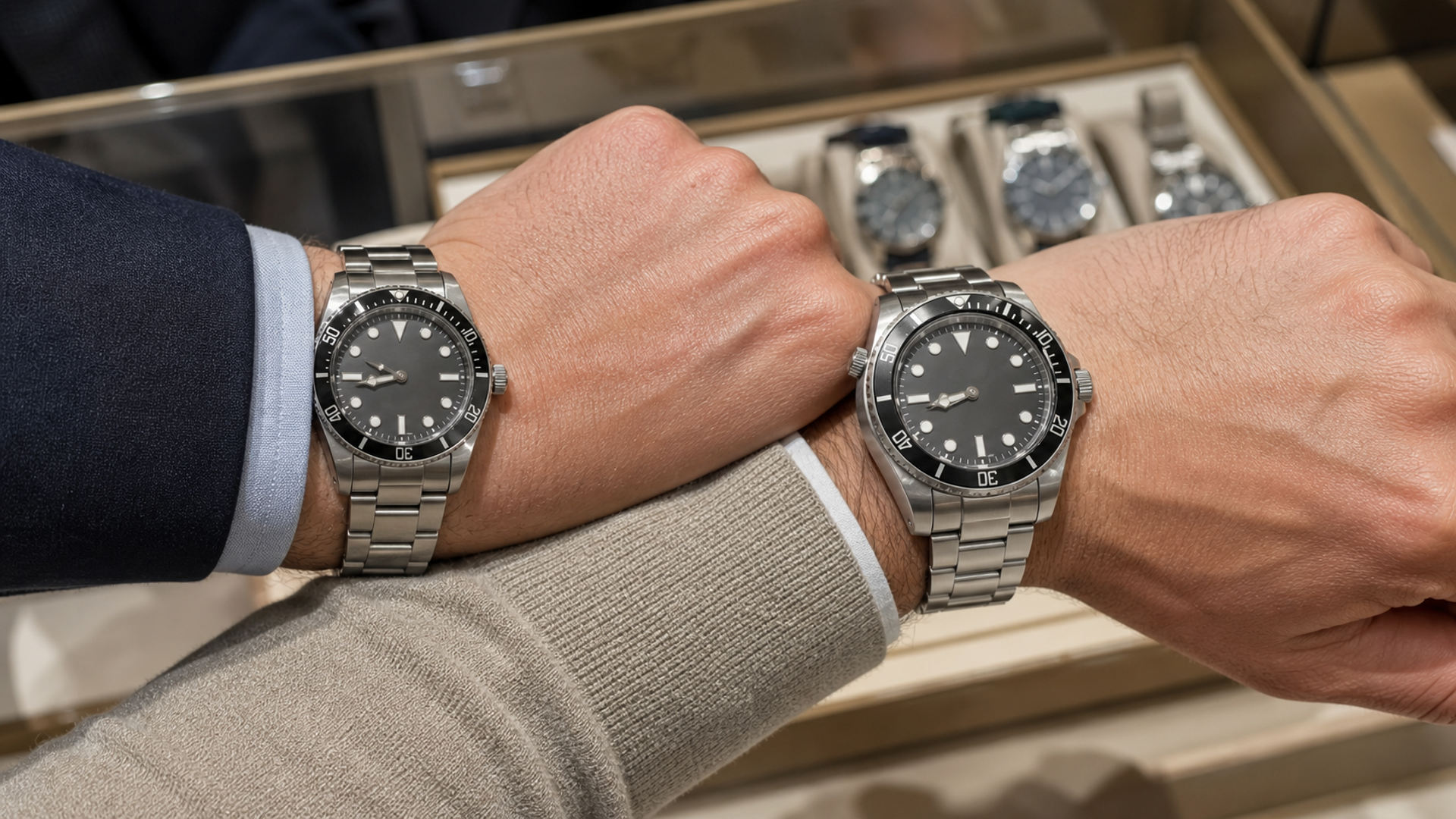 Two steel dive watches compared for wrist size and thickness