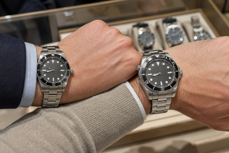 Two steel dive watches compared for wrist size and thickness