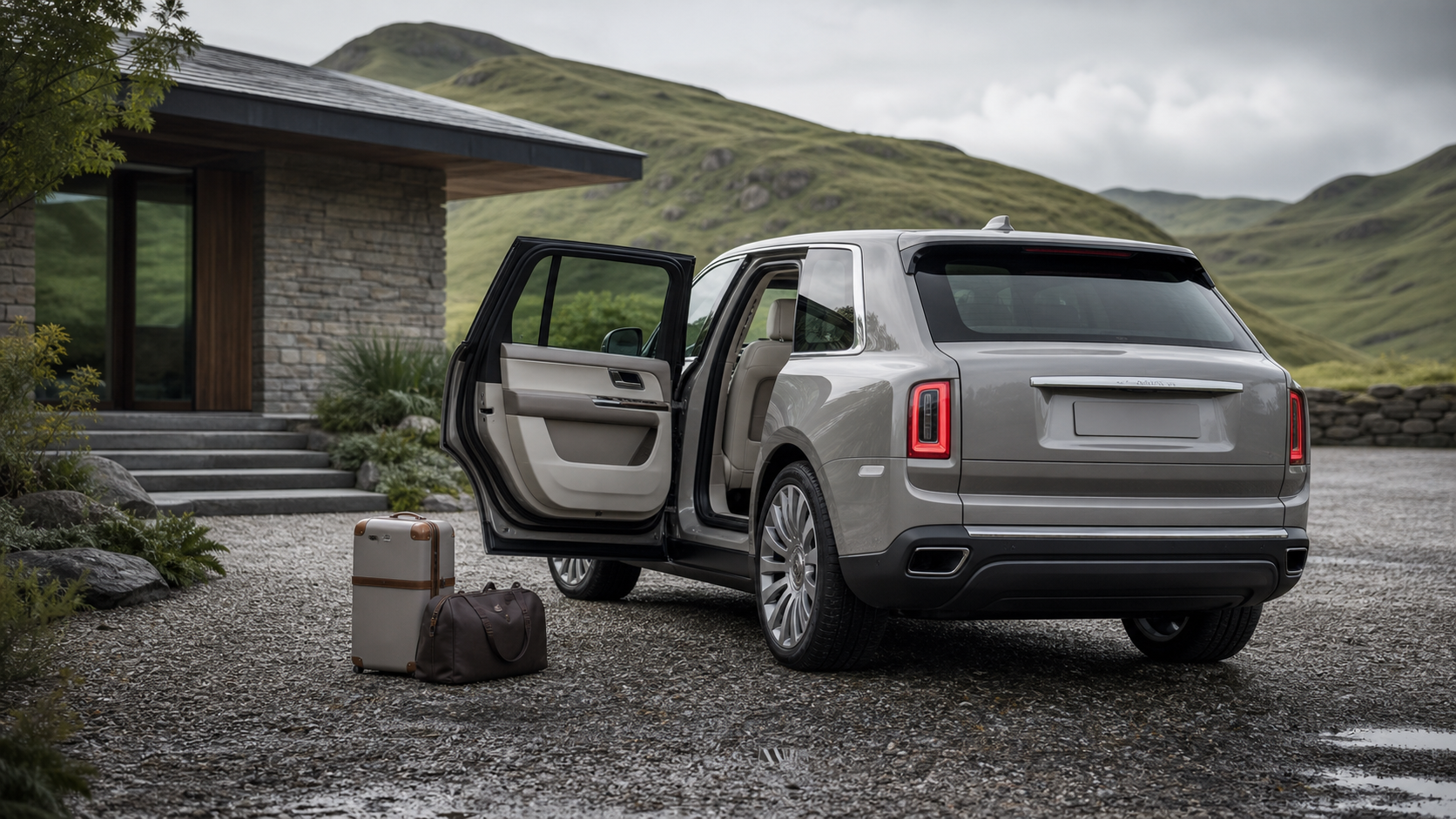 Unbranded luxury SUV at a country-house arrival court with luggage