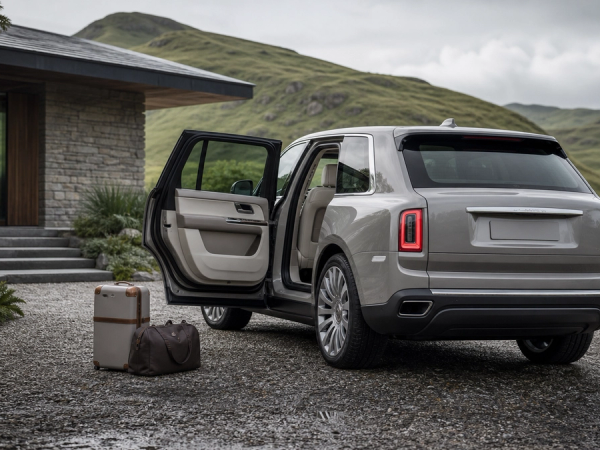 Unbranded luxury SUV at a country-house arrival court with luggage