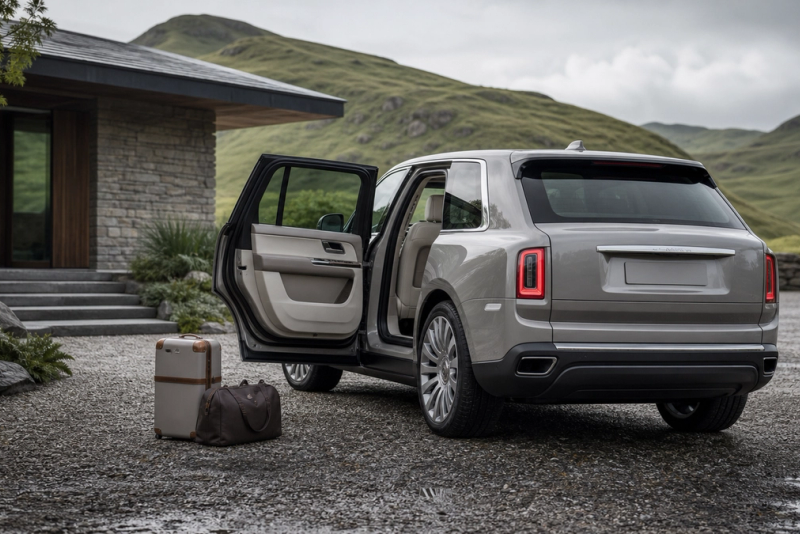 Unbranded luxury SUV at a country-house arrival court with luggage