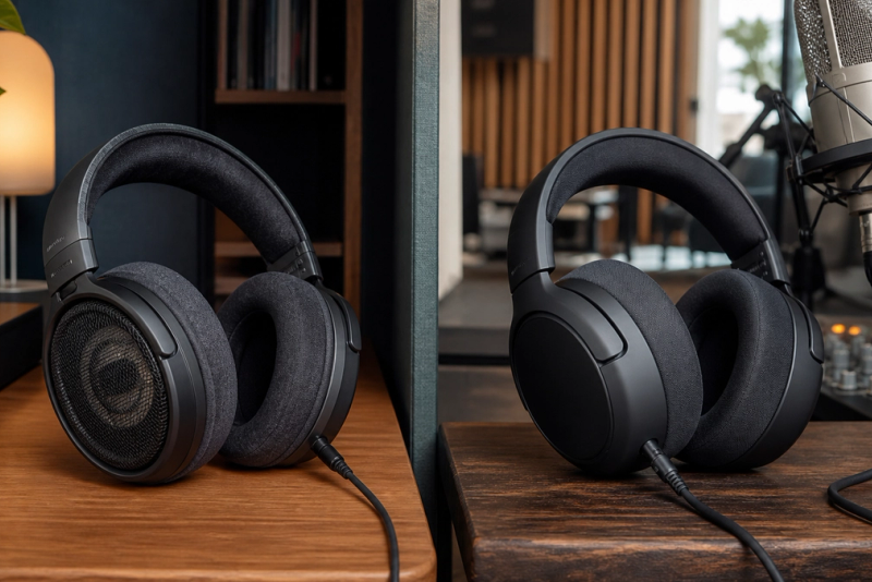 Open-Back vs Closed-Back Headphones shown in a practical side-by-side comparison