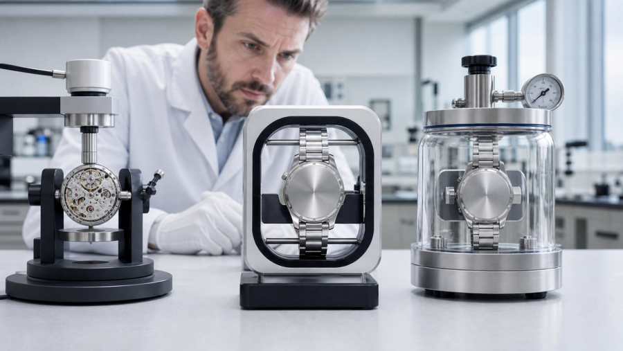 Three unbranded mechanical watches undergoing timing, magnetic-field and finished-watch pressure tests