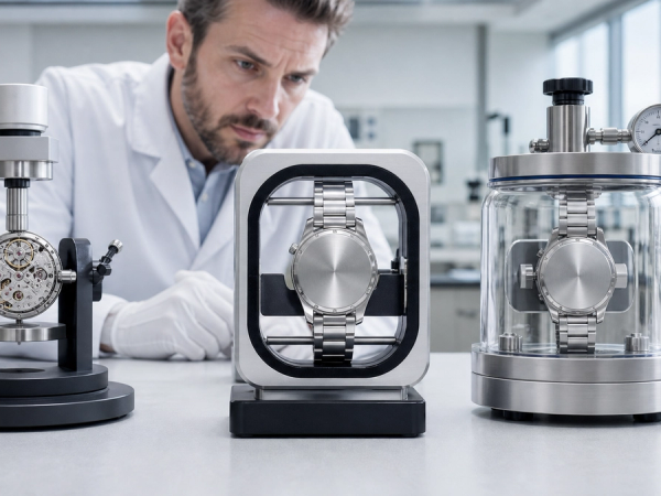 Three unbranded mechanical watches undergoing timing, magnetic-field and finished-watch pressure tests