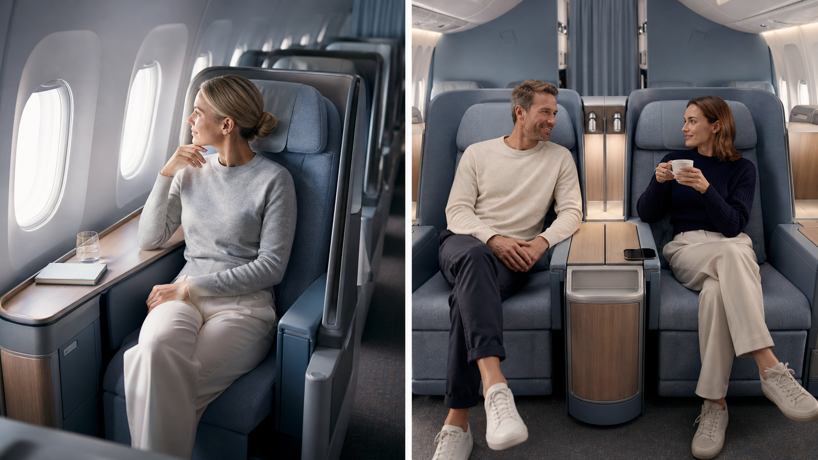 Fixed-shell AirLounge-style seats compared in window and centre positions