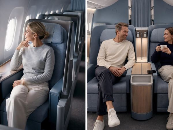 Fixed-shell AirLounge-style seats compared in window and centre positions