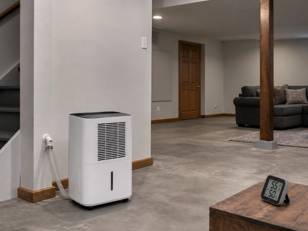 Basement dehumidifier positioned with airflow clearance and a secure drain route