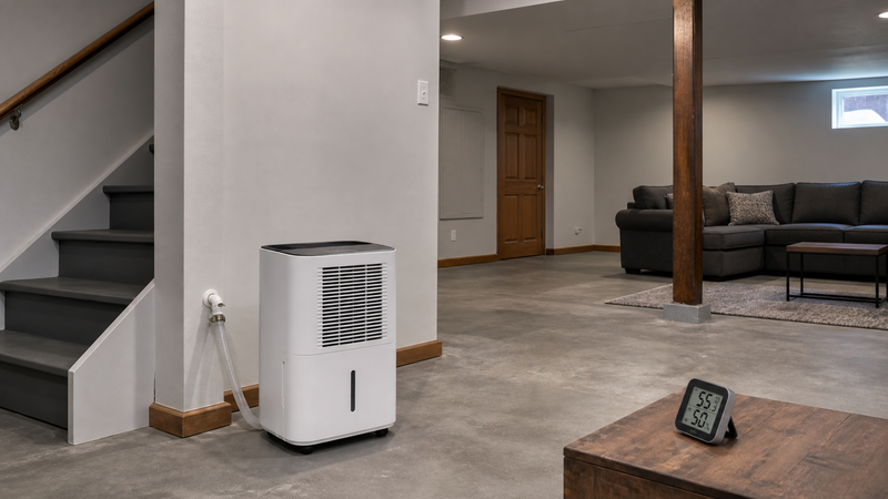 Basement dehumidifier positioned with airflow clearance and a secure drain route