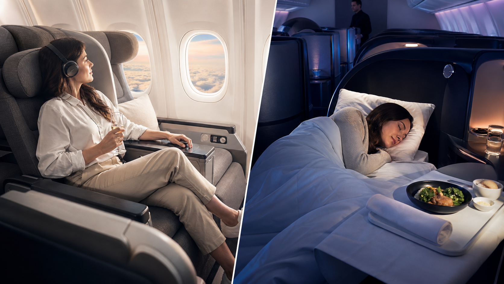 Premium Economy recliner and lie-flat Business Premier seat on an ultra-long-haul flight