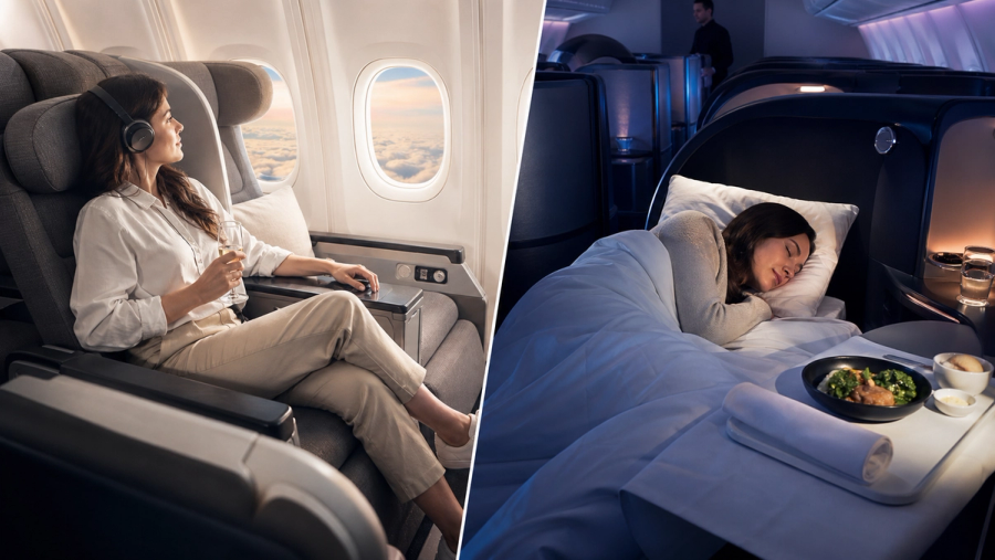 Premium Economy recliner and lie-flat Business Premier seat on an ultra-long-haul flight
