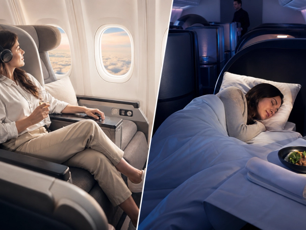 Premium Economy recliner and lie-flat Business Premier seat on an ultra-long-haul flight