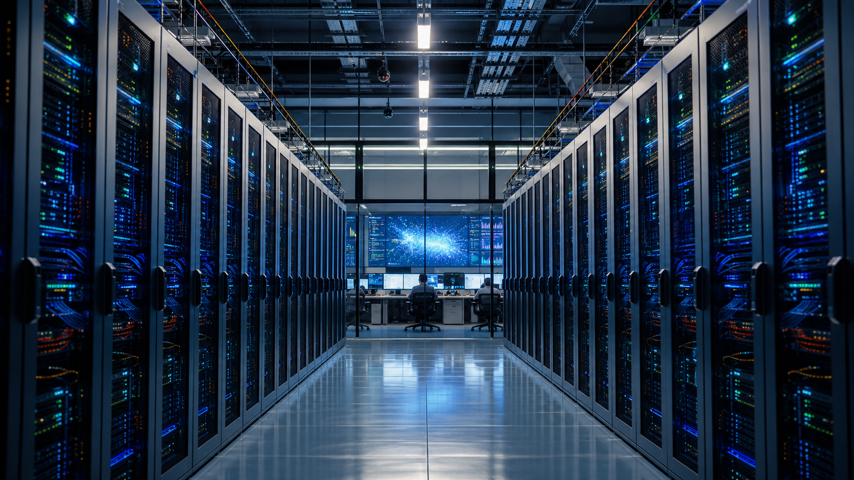 Rows of AI accelerator systems connected to a model-development control room, shown as a concrete compute partnership
