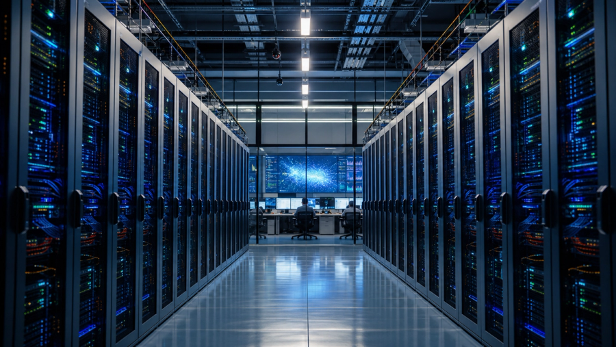 Rows of AI accelerator systems connected to a model-development control room, shown as a concrete compute partnership