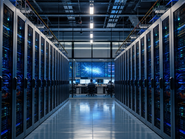 Rows of AI accelerator systems connected to a model-development control room, shown as a concrete compute partnership