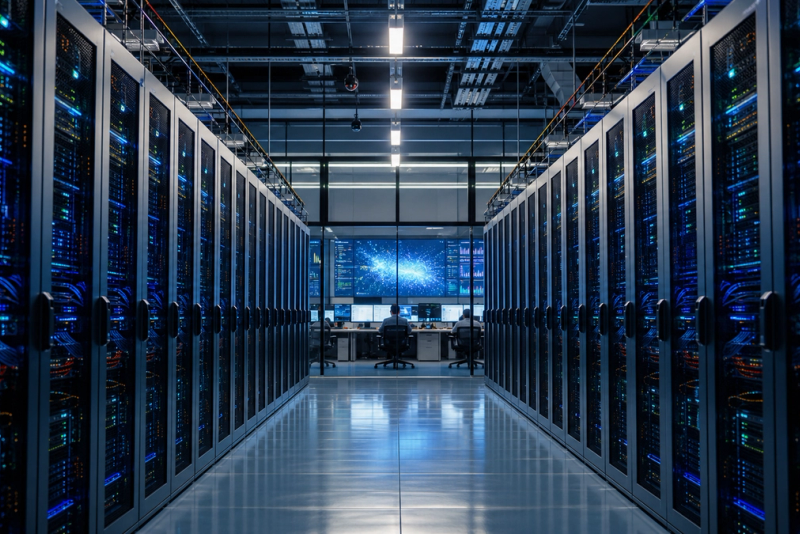 Rows of AI accelerator systems connected to a model-development control room, shown as a concrete compute partnership