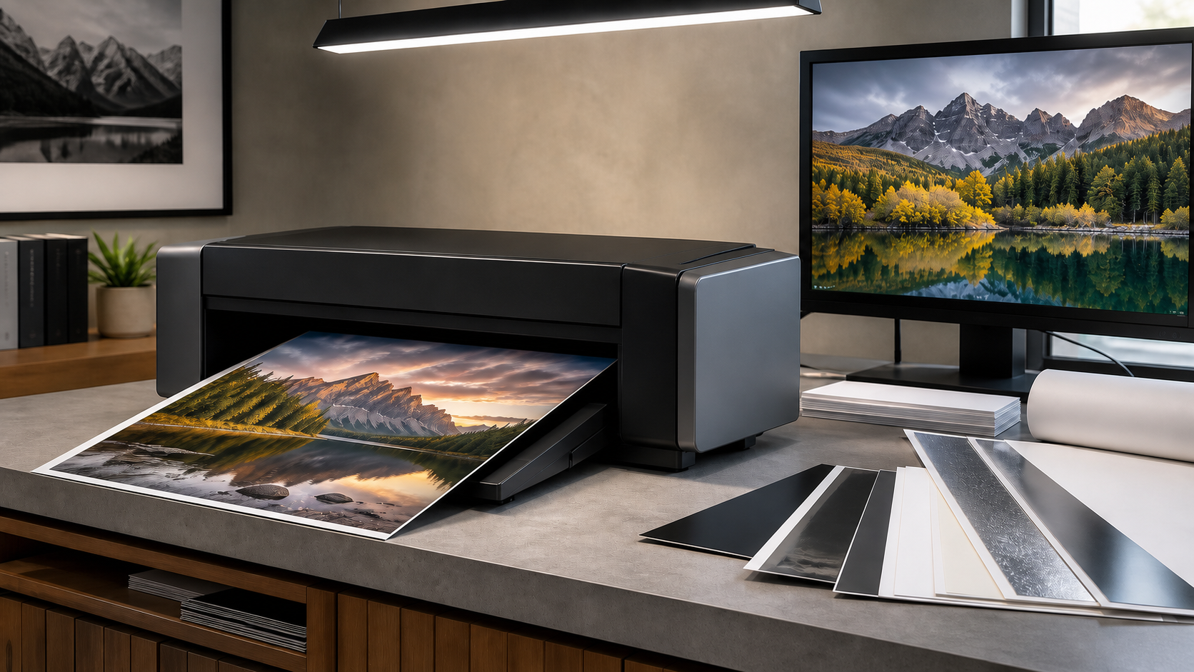 Photo printer producing a landscape print beside a calibrated editing monitor