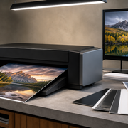 Photo printer producing a landscape print beside a calibrated editing monitor