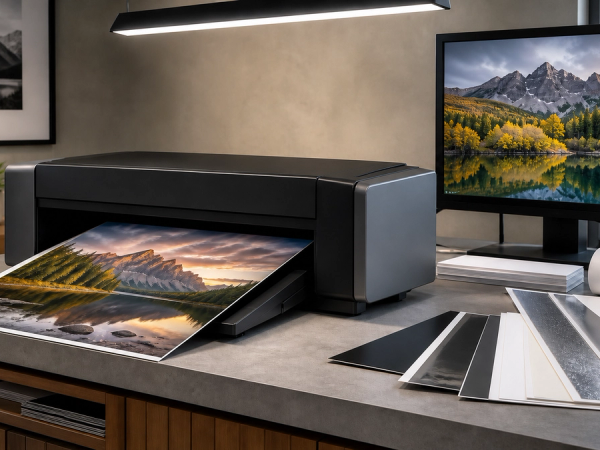Photo printer producing a landscape print beside a calibrated editing monitor