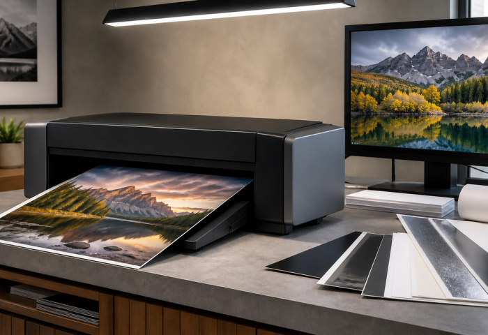Photo printer producing a landscape print beside a calibrated editing monitor