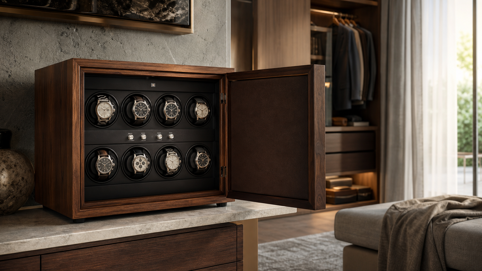Wooden multi-watch winder cabinet in a quiet contemporary dressing room