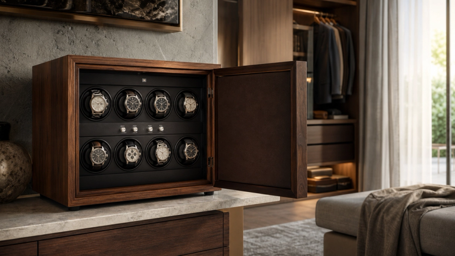 Wooden multi-watch winder cabinet in a quiet contemporary dressing room