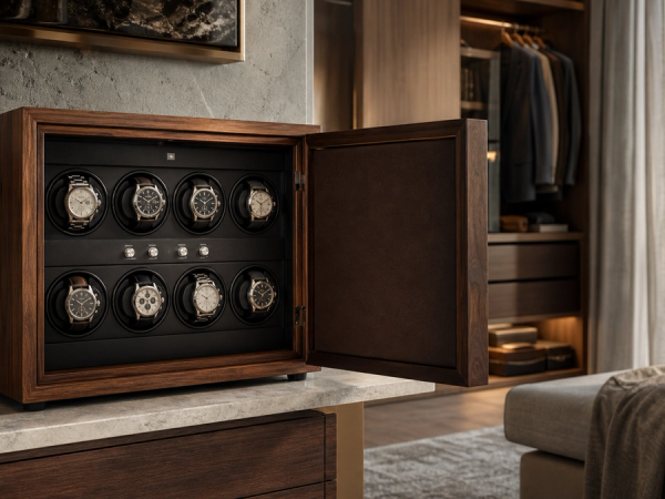 Wooden multi-watch winder cabinet in a quiet contemporary dressing room