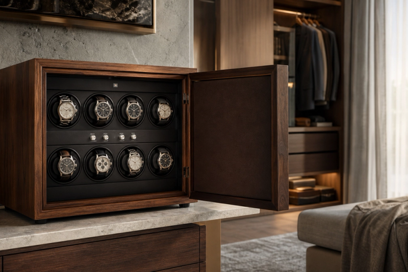 Wooden multi-watch winder cabinet in a quiet contemporary dressing room