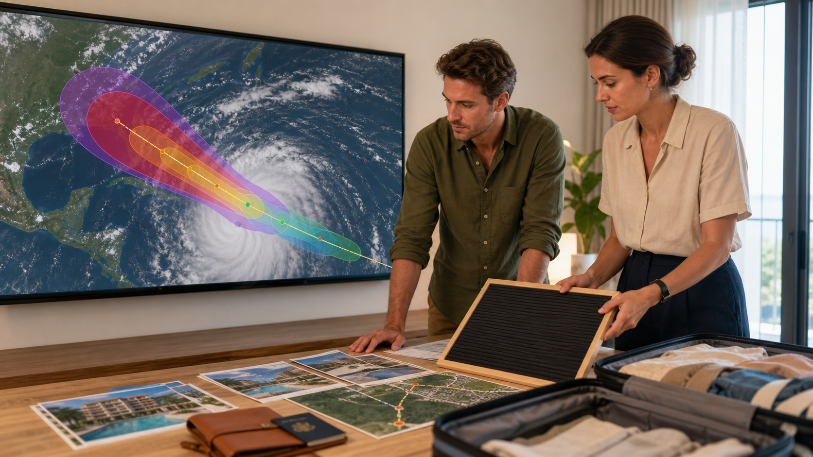 Traveller and operations team converting cyclone forecast uncertainty into flight, hotel and evacuation decisions