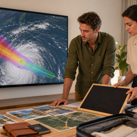 Traveller and operations team converting cyclone forecast uncertainty into flight, hotel and evacuation decisions