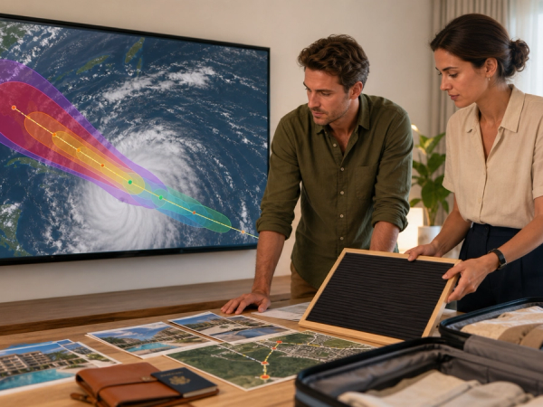Traveller and operations team converting cyclone forecast uncertainty into flight, hotel and evacuation decisions