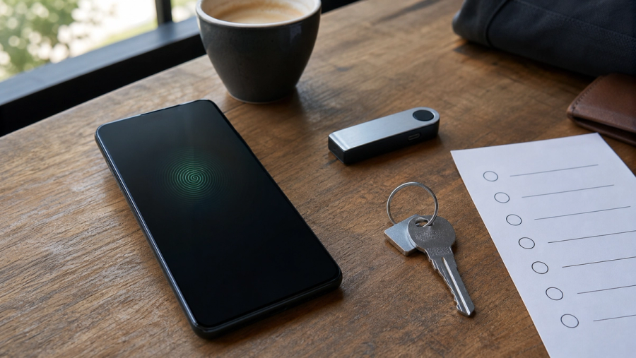 An unbranded Android phone on a café table with a security settings checklist, biometric icon represented as a generic glow and a second recovery device, no logos or text